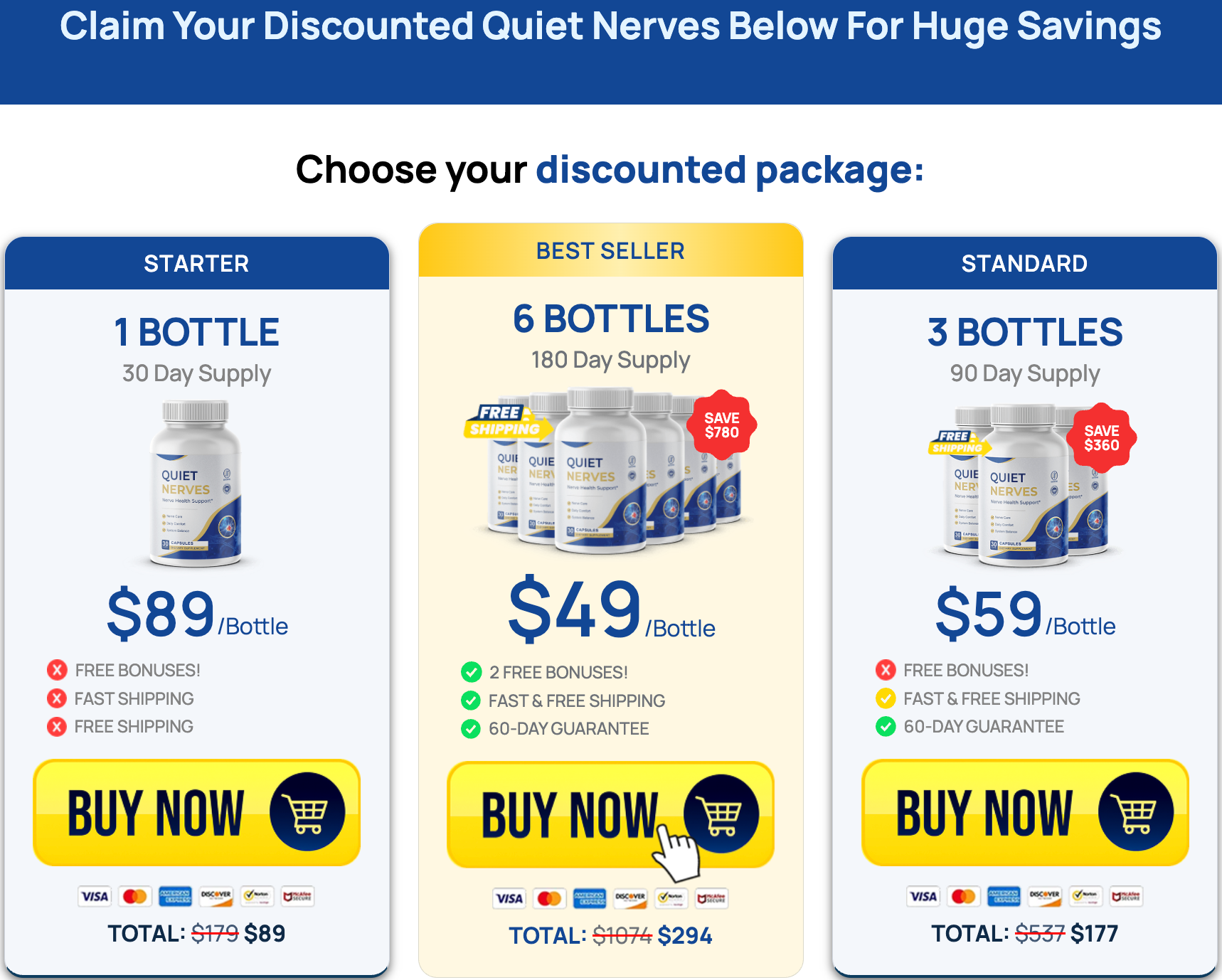 Quiet Nerves pricing packages: 1 bottle $89, 3 bottles $59 each, 6 bottles $49 each