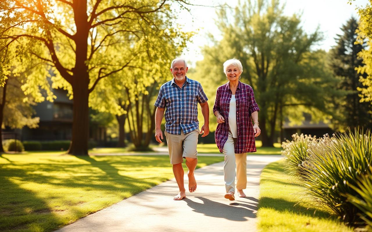 Older couple walking comfortably outdoors, the everyday goal of Quiet Nerves users